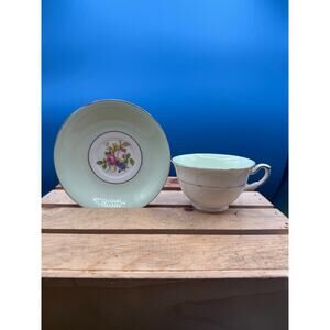 Vintage Taylor& Kent Bone China Teacup & Saucer Set Mint Green Gold Trim England